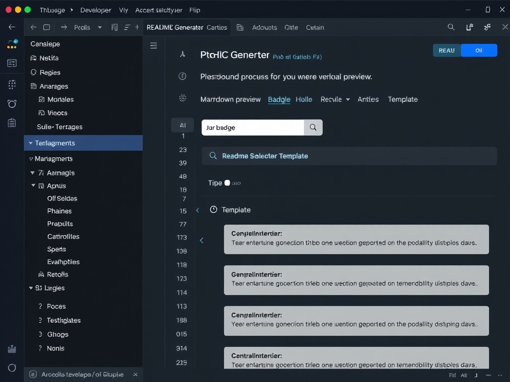 GitHub README Generator tool interface showing markdown editor with live preview, badge selector, and template sections