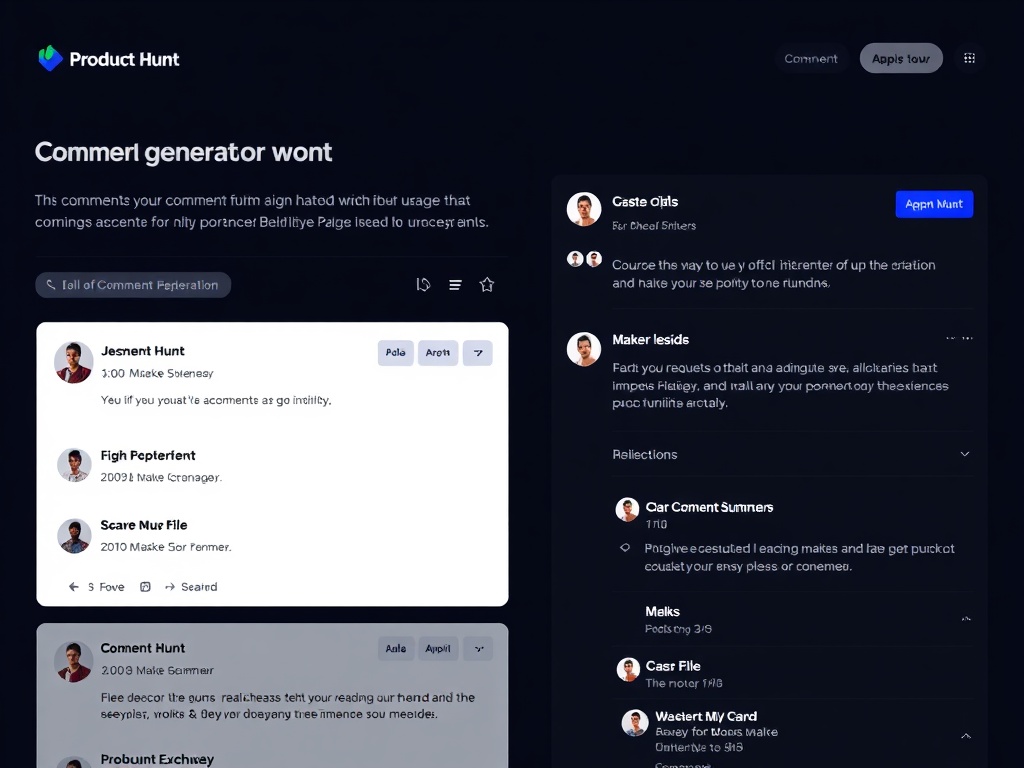 Product Hunt Comment Generator interface showing comment examples, upvote counters, and maker discussion on PH launch day